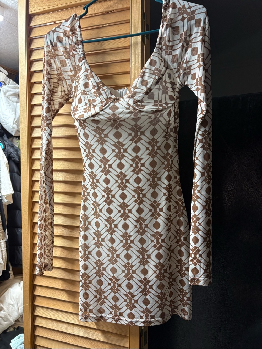 Brown & White Geometric Long-Sleeve Mini Dress